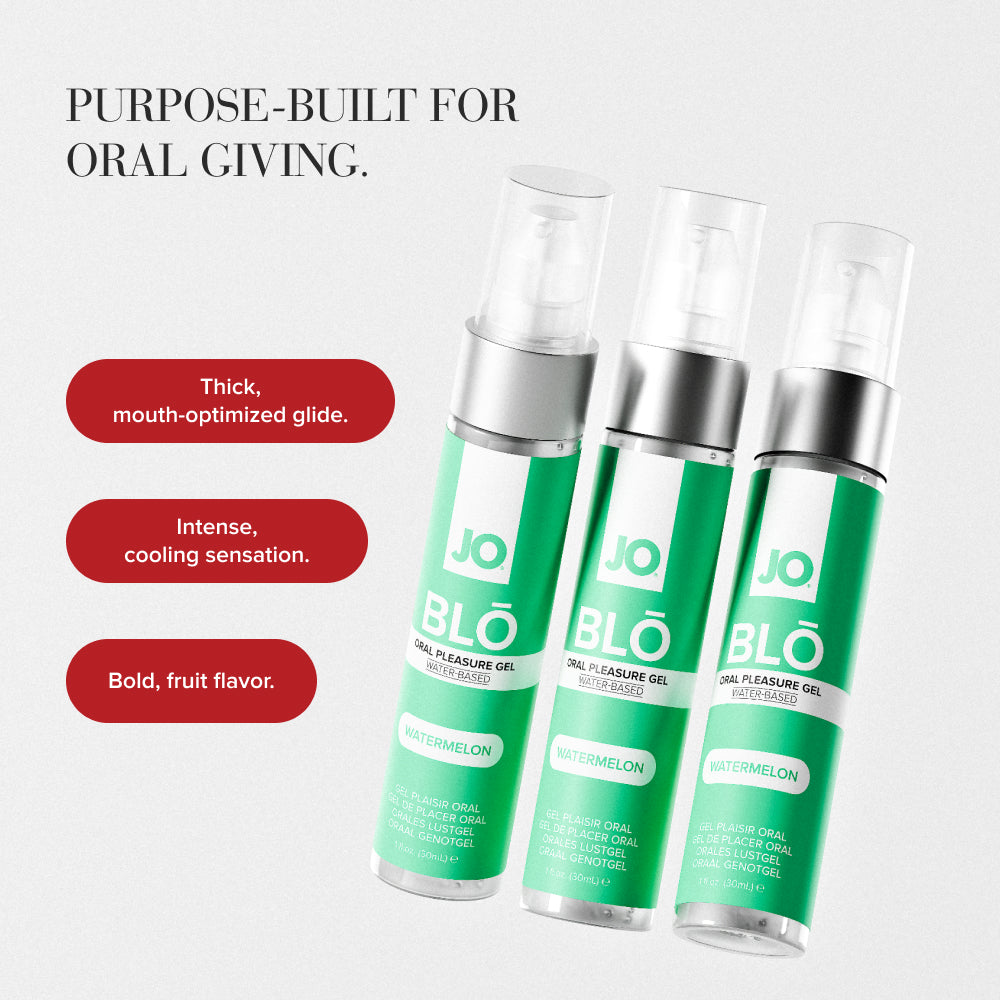 Purpose-Built For Oral Giving panel, three BLO Watermelon bottles with benefit callouts