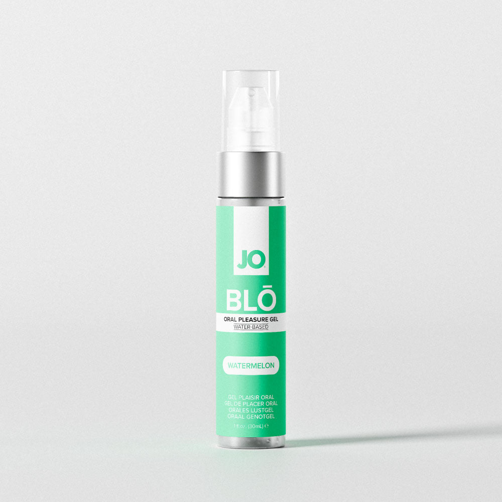 JO BLO Watermelon pump bottle standing alone on a pale grey background