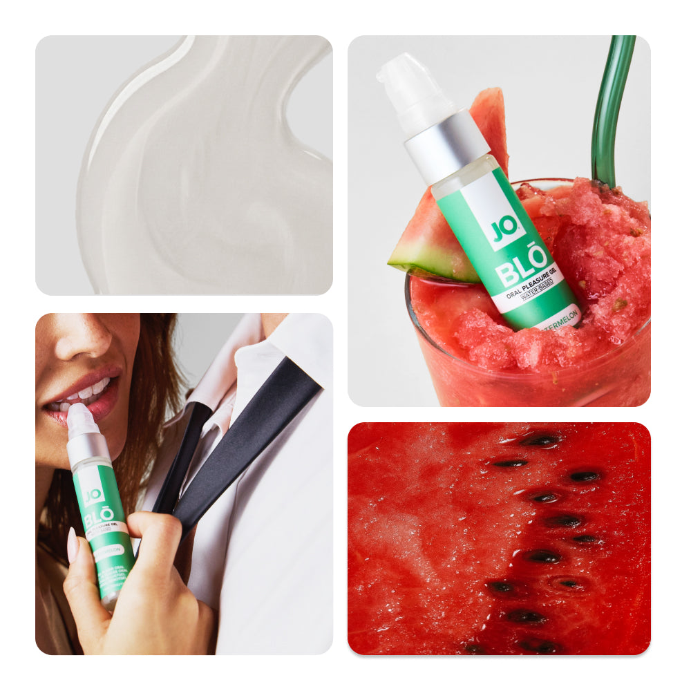 Collage of a gel swirl, the bottle in a slush, a woman holding it and watermelon flesh
