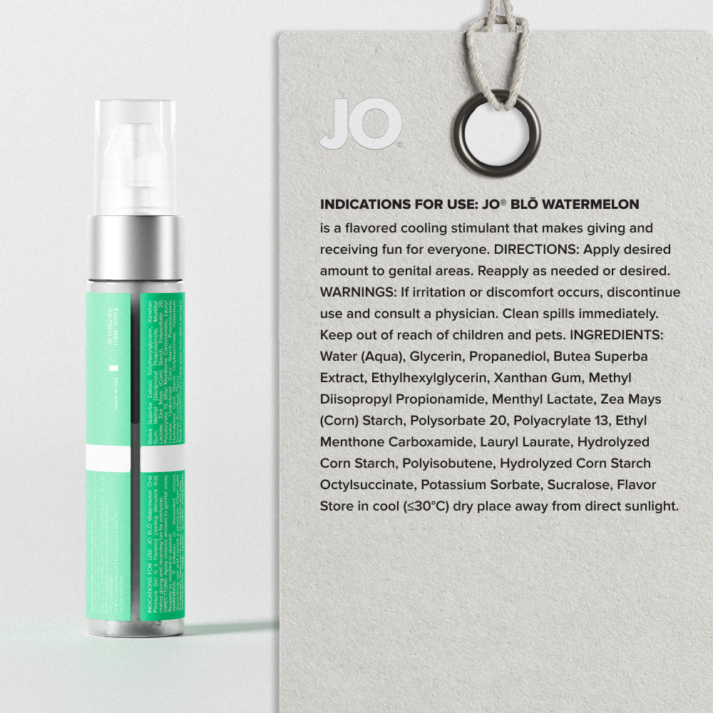 Back of the BLO Watermelon bottle beside its printed directions and ingredients panel