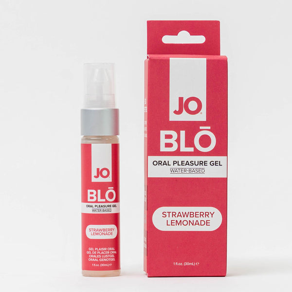 JO BLO Strawberry Lemonade oral pleasure gel, 30 ml pump bottle beside its pink carton