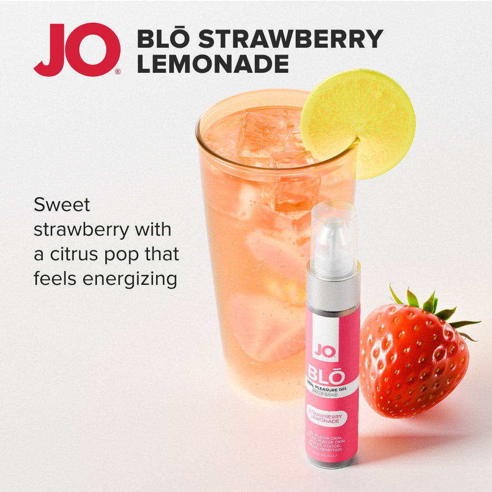 BLO Strawberry Lemonade bottle beside an iced pink drink and a strawberry, JO BLO panel