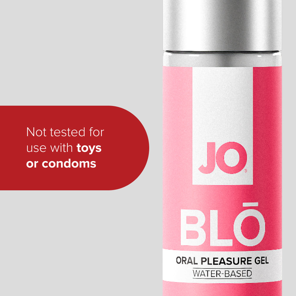 Close-up of the BLO Strawberry Lemonade label, noting it is not tested with toys or condoms