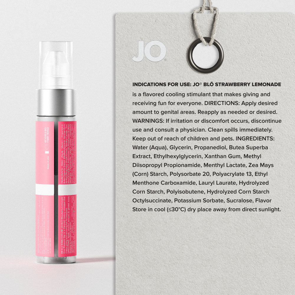 Back of the BLO Strawberry Lemonade bottle beside its directions and ingredients panel