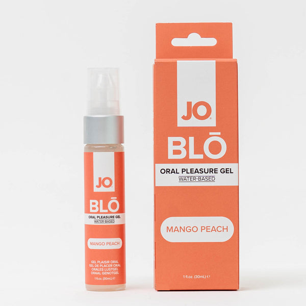 JO BLO Mango Peach oral pleasure gel, 30 ml pump bottle beside its orange carton