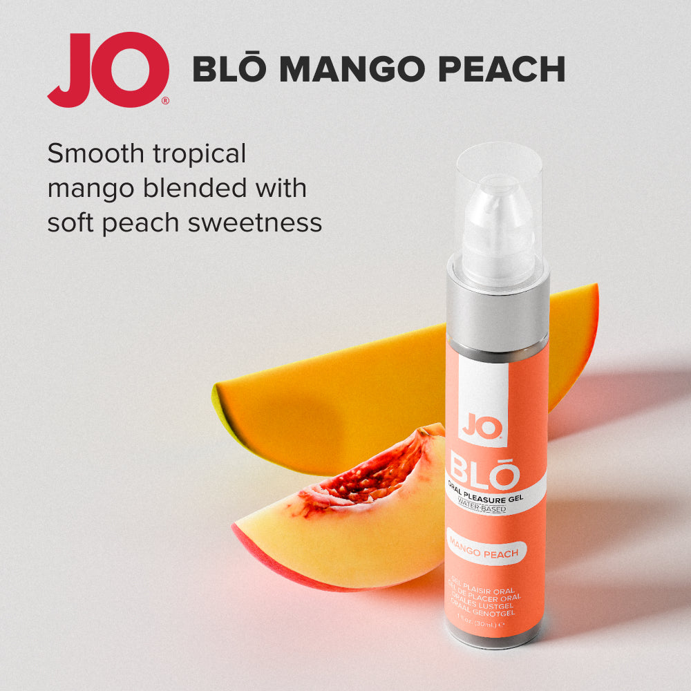 BLO Mango Peach bottle beside mango and peach slices, JO BLO title panel