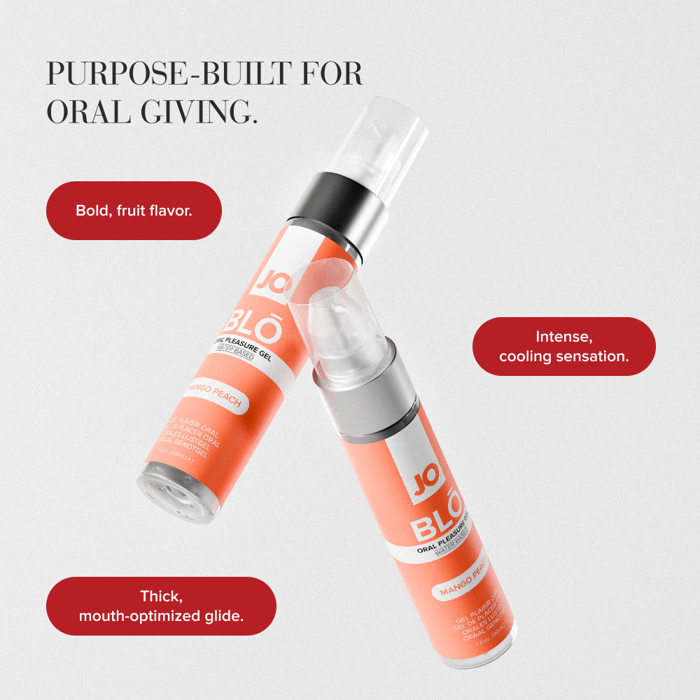 Purpose-Built For Oral Giving panel, two BLO Mango Peach bottles with the benefit callouts
