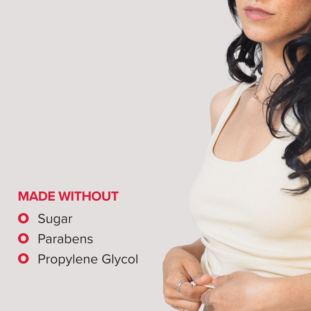 Made Without panel, no sugar, parabens or propylene glycol, beside a woman in a cream halter