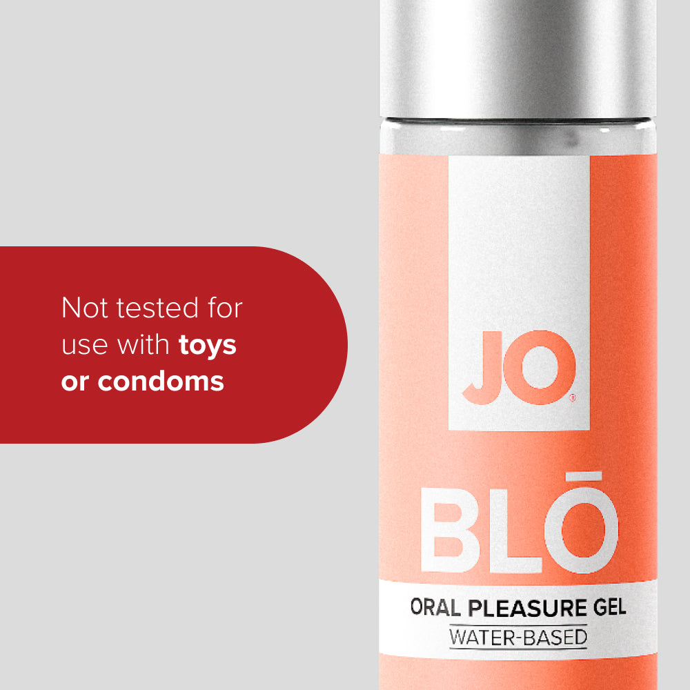 Close-up of the BLO Mango Peach label, noting it is not tested with toys or condoms