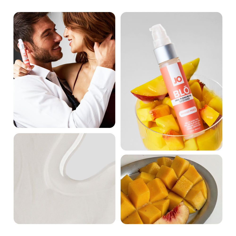 Collage of a couple embracing, the bottle in fruit, a gel swirl and diced mango