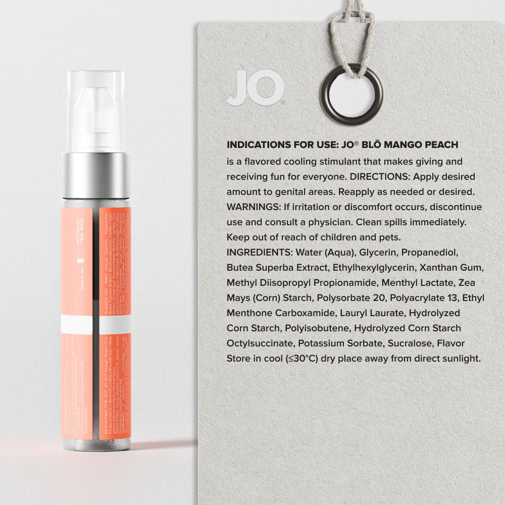 Back of the BLO Mango Peach bottle beside its printed directions and ingredients panel