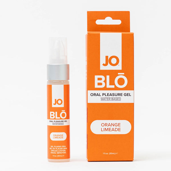 JO BLO Orange Limeade oral pleasure gel, 30 ml pump bottle beside its orange carton