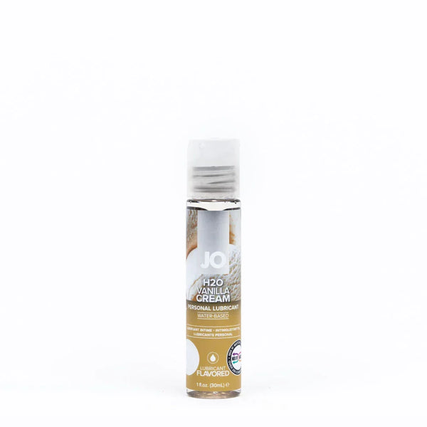 JO H2O Vanilla Cream flavoured lubricant, 30 ml bottle with a gold ice-cream label