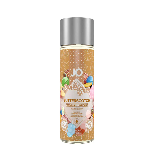 JO Candy Shop Butterscotch flavoured lubricant, 60 ml bottle with a gold candy-print label