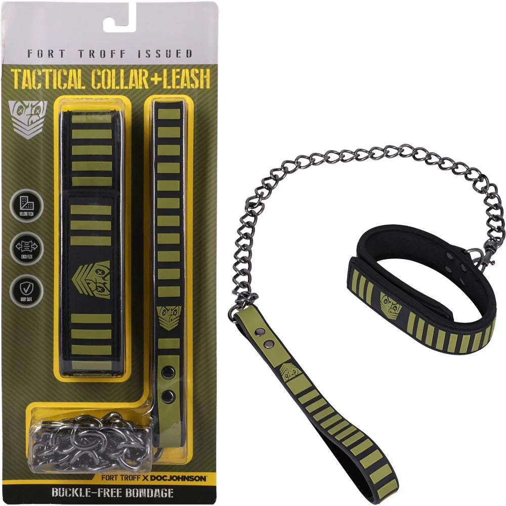 Doc Johnson Fort Troff Tactical Velcro Collar + Leash Set, Black/Green