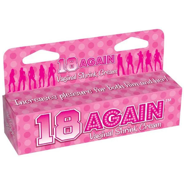 18 Again vaginal tightening cream, pink polka-dot carton with dancing silhouettes