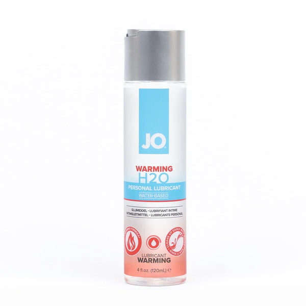 JO H2O Warming lubricant, 120 ml bottle with a white to coral label and flame icons