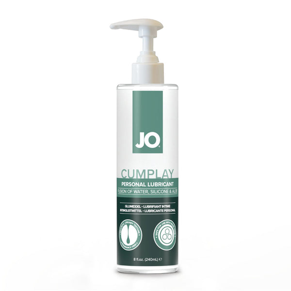 JO Cumplay lubricant, 240 ml white pump bottle with a dark green label