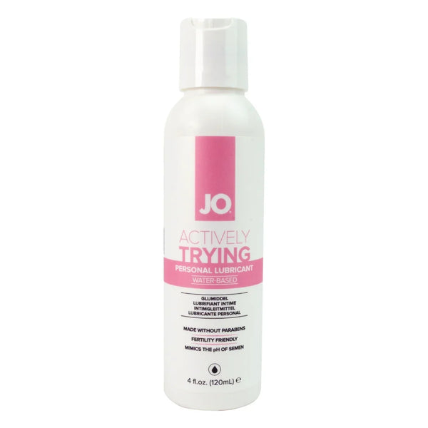 JO Actively Trying water-based lubricant, 120 ml white bottle with a pink label and flip cap