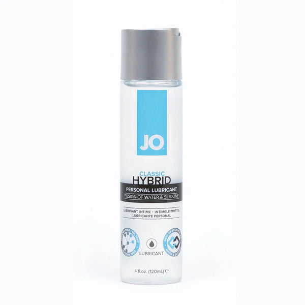 JO Classic Hybrid lubricant, 120 ml clear bottle with a blue JO block label and silver cap
