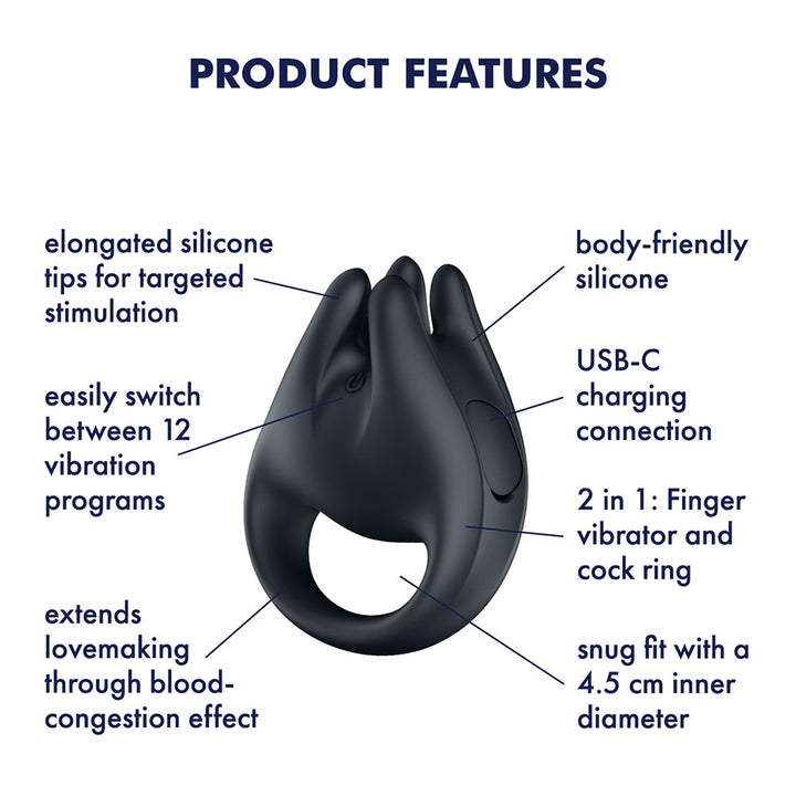 Satisfyer Perfect Pair 1 in Black, labelled feature diagram