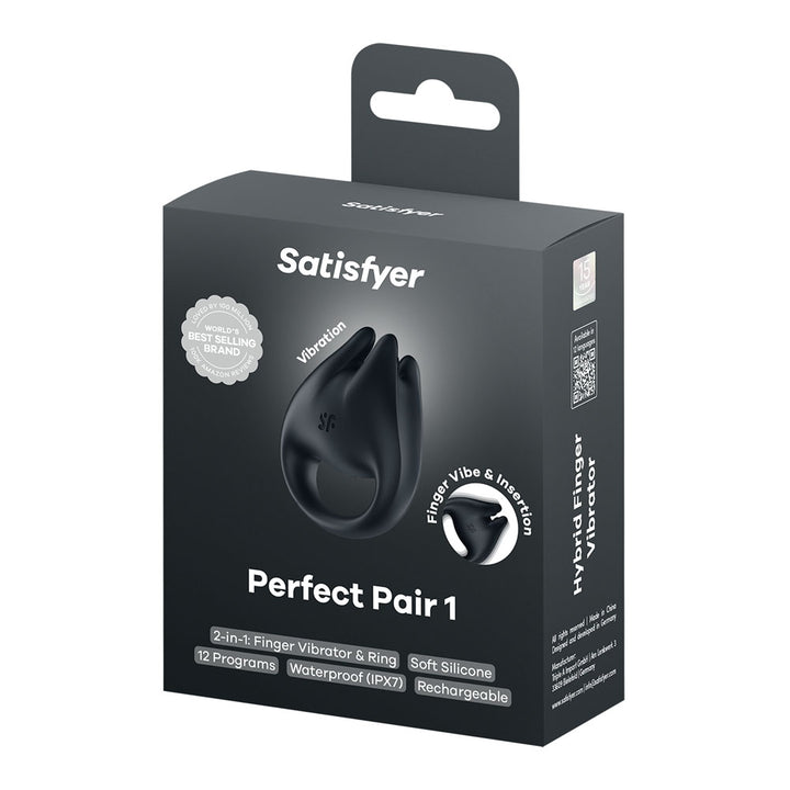 Satisfyer Perfect Pair 1 - 2-in-1 Vibrating Cock Ring & Finger Vibrator in Black retail box