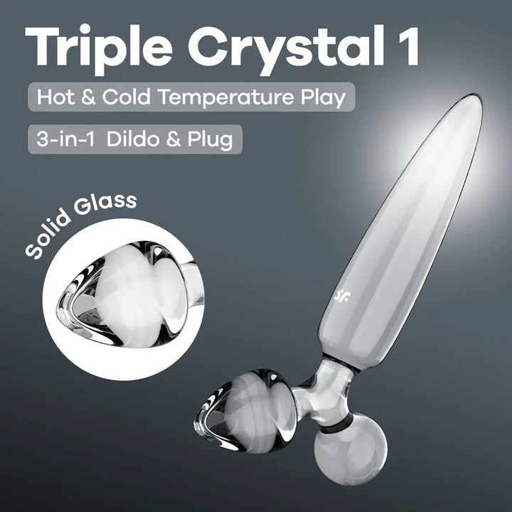 Satisfyer Triple Crystal 1 Glass Butt Plug 3-in-1 in Clear, product graphic with feature callouts