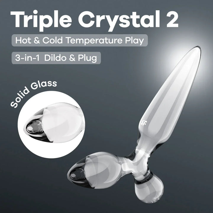 Satisfyer Triple Crystal 2 Glass Butt Plug 3-in-1 in Clear, product graphic with feature callouts