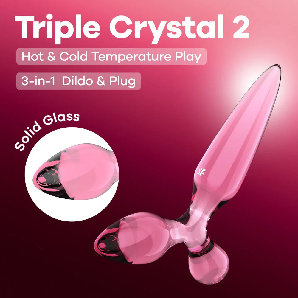 Satisfyer Triple Crystal 2 Glass Butt Plug 3-in-1 in Pink, product graphic with feature callouts