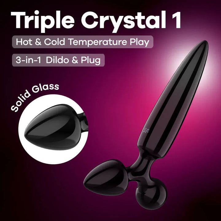 Satisfyer Triple Crystal 1 Glass Butt Plug 3-in-1 in Black, product graphic with feature callouts