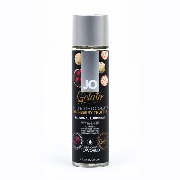JO Gelato White Chocolate Raspberry lubricant, 120 ml bottle with a truffle-print label