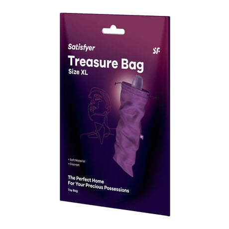 The Satisfyer Treasure Bag XLarge - Violet is designed with a purple theme, featuring a bag illustration on the right. It’s perfect for XL toy storage, highlighting Soft Material and Discreet. The tagline reads, The Perfect Home For Your Precious Possessions, and it suits Satisfyer toys well.