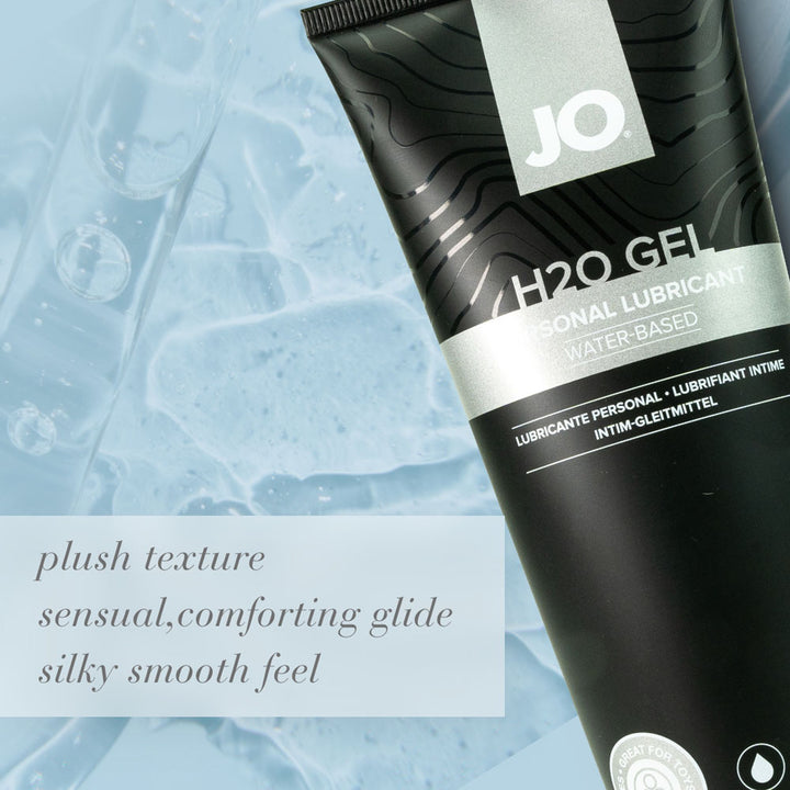 H2O Gel tube laid on clear gel, captioned plush texture and silky smooth feel