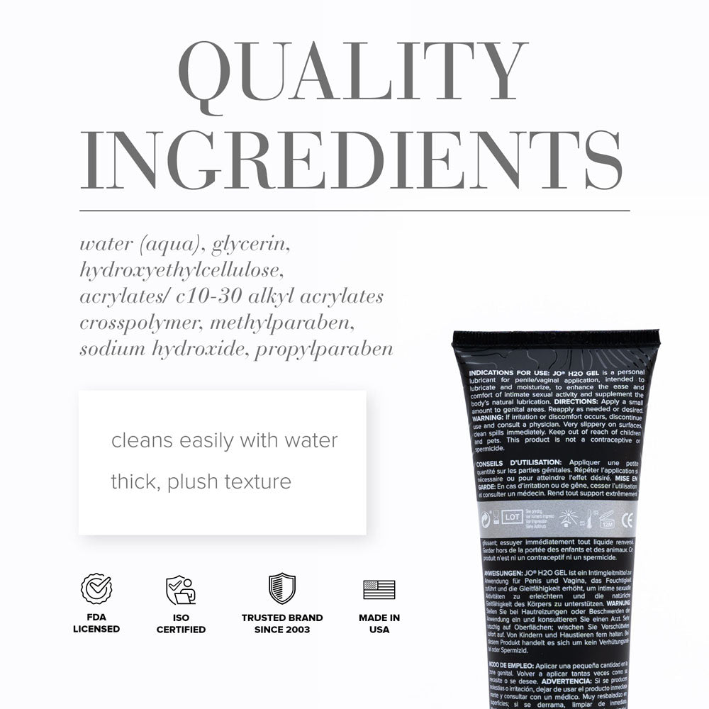 Quality Ingredients panel for H2O Gel, the ingredient list beside the back of the tube