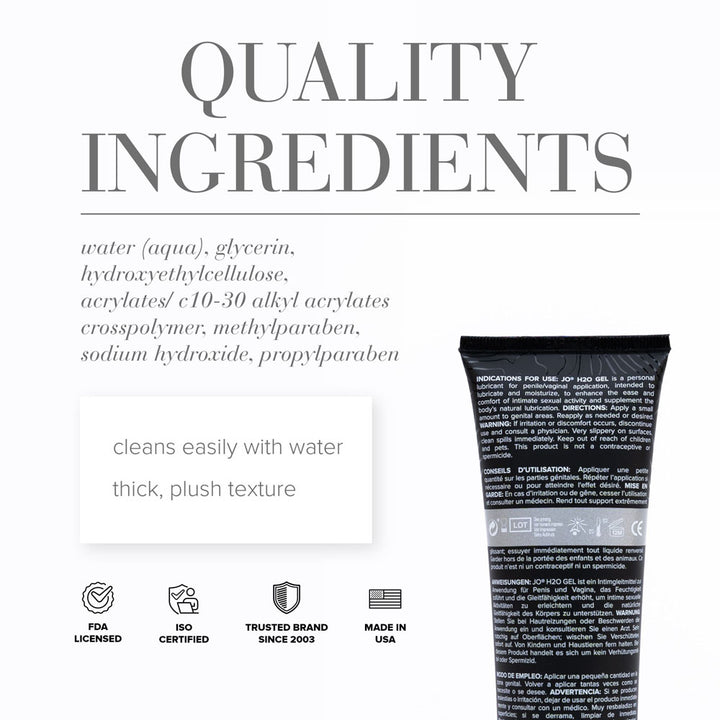 Quality Ingredients panel for H2O Gel, the ingredient list beside the back of the tube