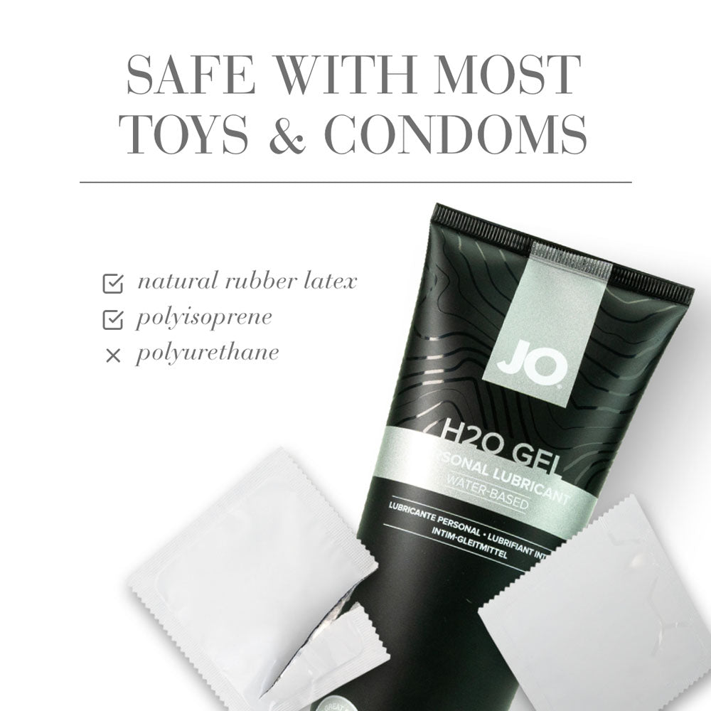 Safe With Most Toys And Condoms panel, the H2O Gel tube with condom sachets