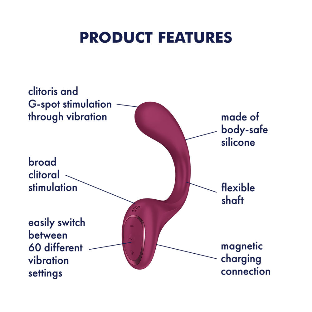 Satisfyer G For Goddess 2 - G-Spot Rabbit Vibrator in Wine Red, labelled feature diagram