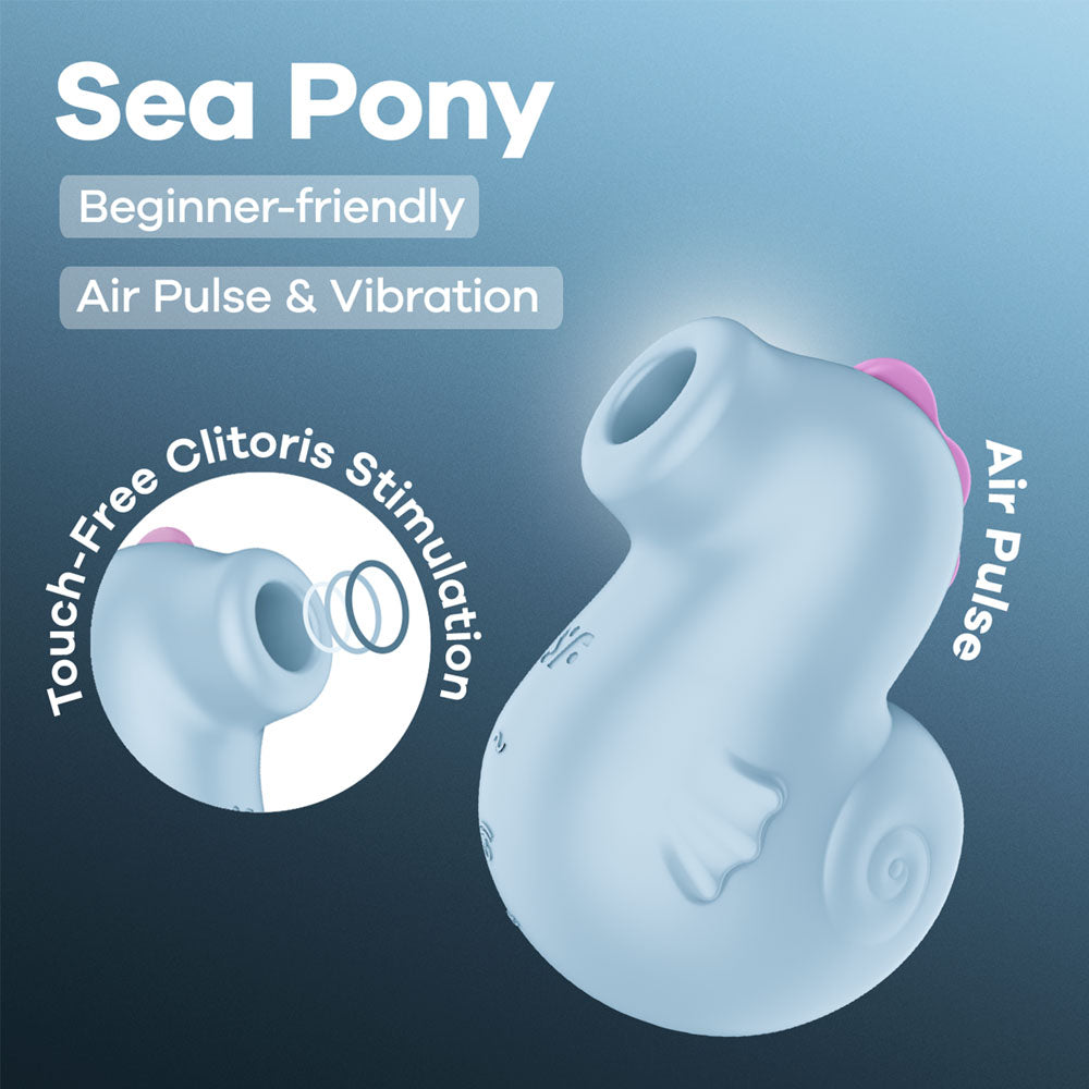 Satisfyer Sea Pony in Baby Blue, product graphic with feature callouts