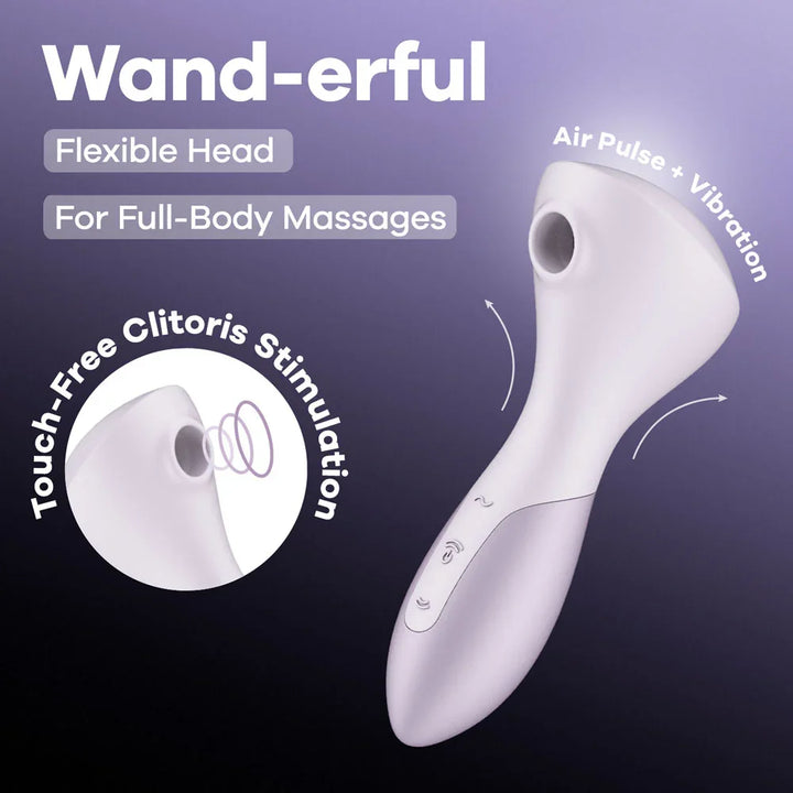 Satisfyer Wand-erful Air Pulse Wand Vibrator in Violet, product graphic with feature callouts