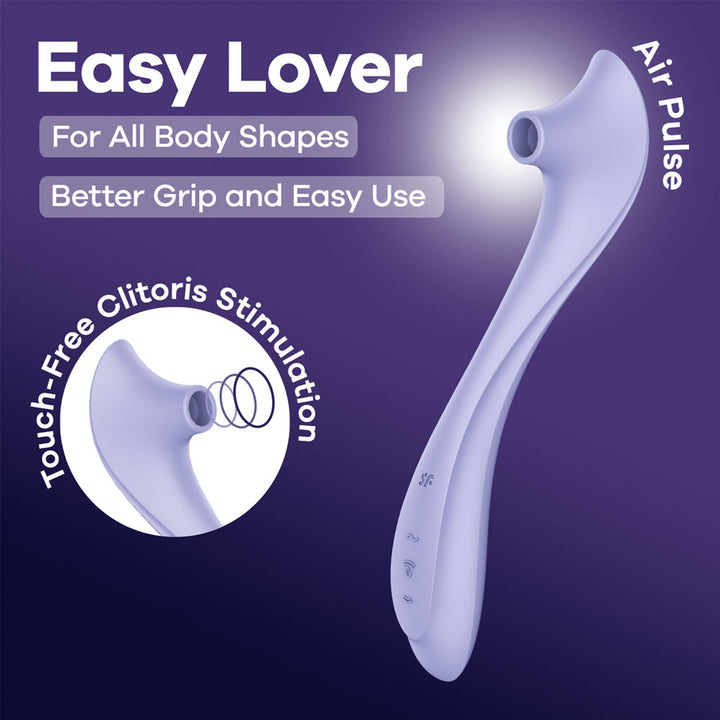 Satisfyer Easy Lover - Air Pulse Vibrator in Violet, product graphic with feature callouts