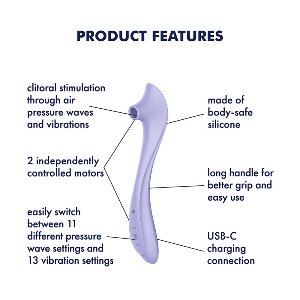 Satisfyer Easy Lover - Air Pulse Vibrator in Violet, labelled feature diagram