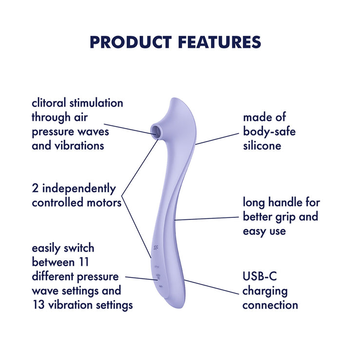 Satisfyer Easy Lover - Air Pulse Vibrator in Violet, labelled feature diagram
