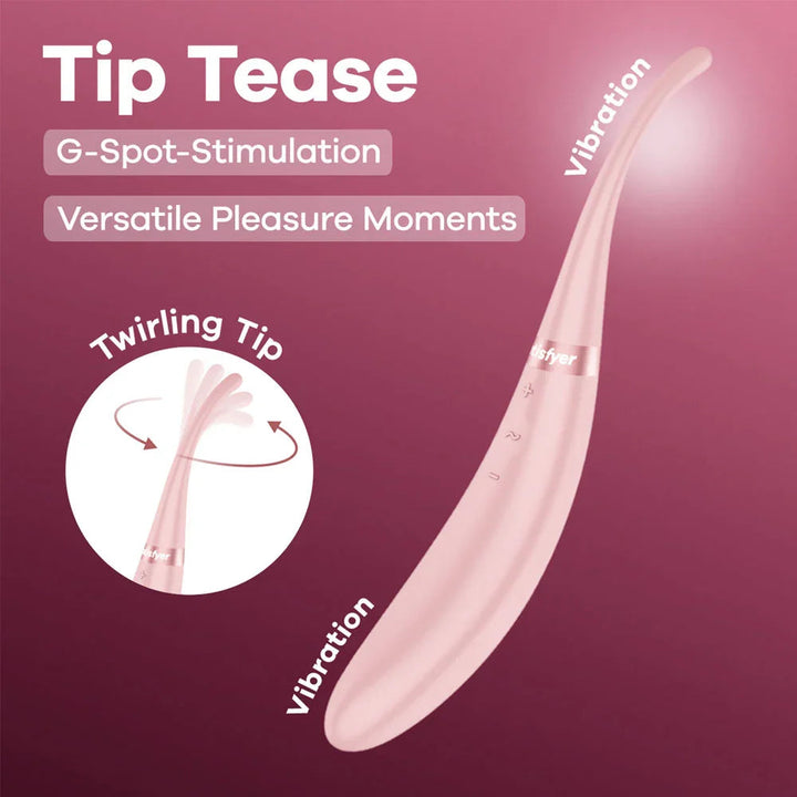 Satisfyer Tip Tease Twirling G-Spot Vibrator in Rose, product graphic with feature callouts