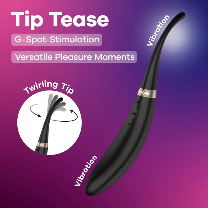 Satisfyer Tip Tease Twirling G-Spot Vibrator in Black, product graphic with feature callouts