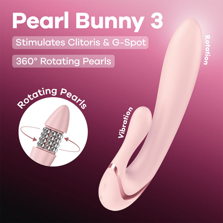 Satisfyer Pearl Bunny 3 - Rotating Rabbit Vibrator in Pink, product graphic with feature callouts