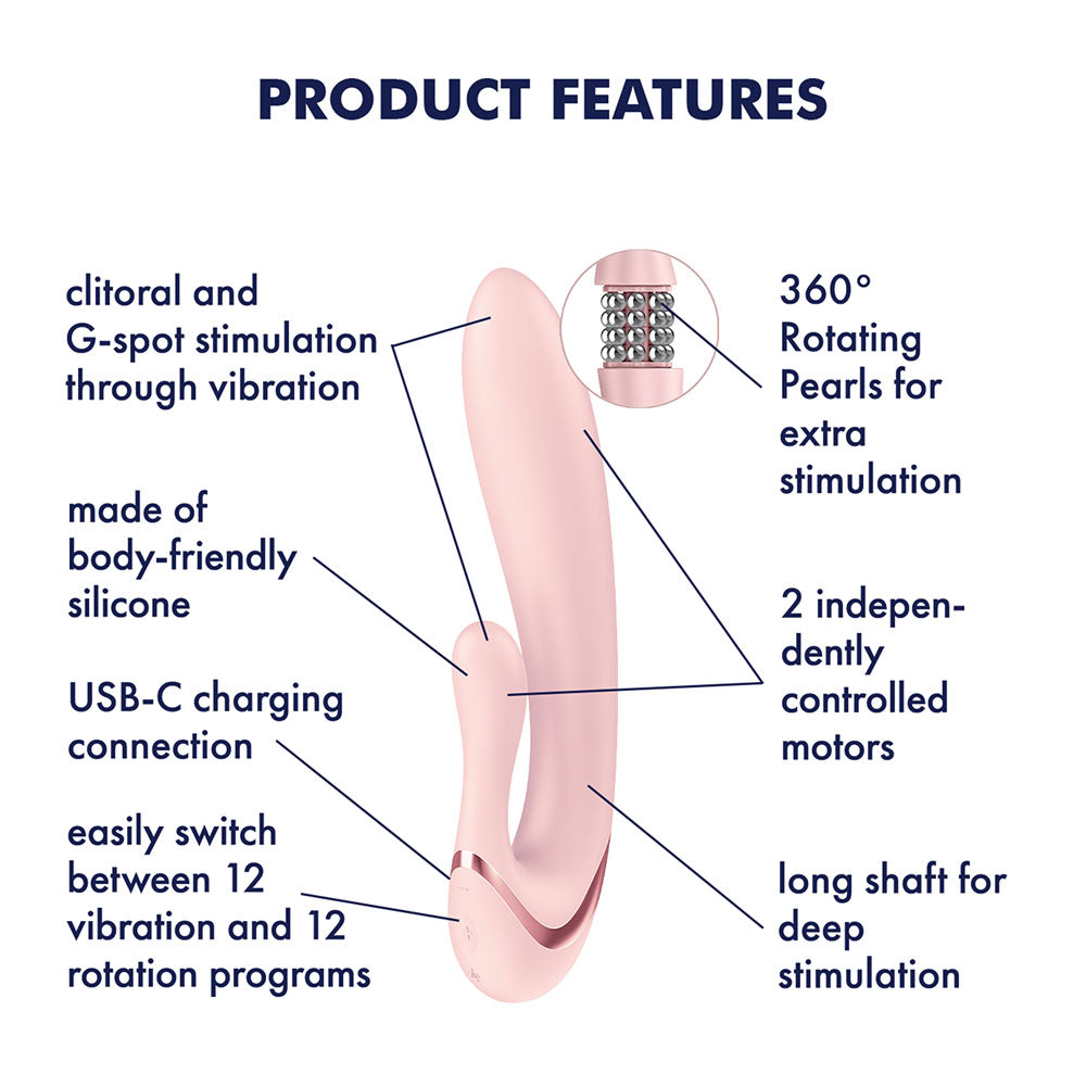 Satisfyer Pearl Bunny 3 - Rotating Rabbit Vibrator in Pink, labelled feature diagram