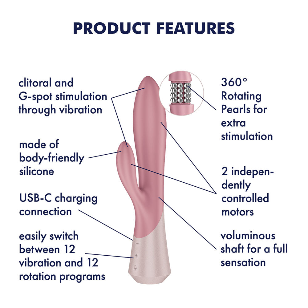 Satisfyer Pearl Bunny 1 - Rotating Rabbit Vibrator in Pink, labelled feature diagram