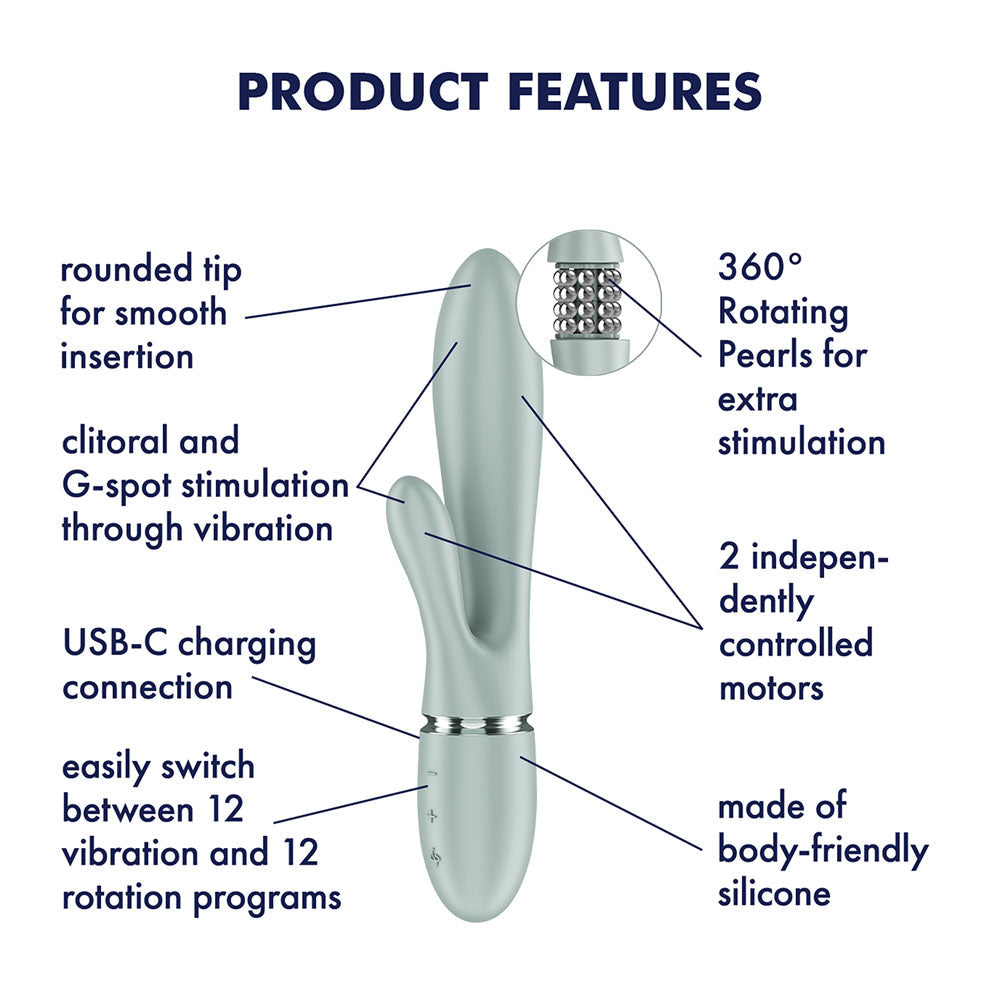 Satisfyer Pearl Bunny 2 in Green, labelled feature diagram