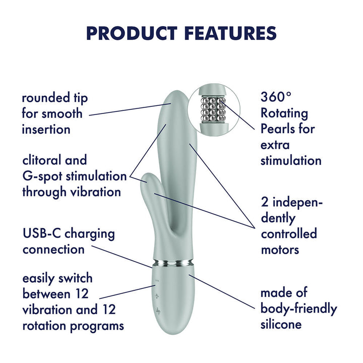 Satisfyer Pearl Bunny 2 in Green, labelled feature diagram
