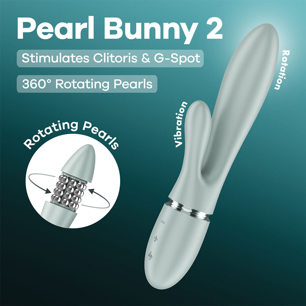 Satisfyer Pearl Bunny 2 in Green, product graphic with feature callouts
